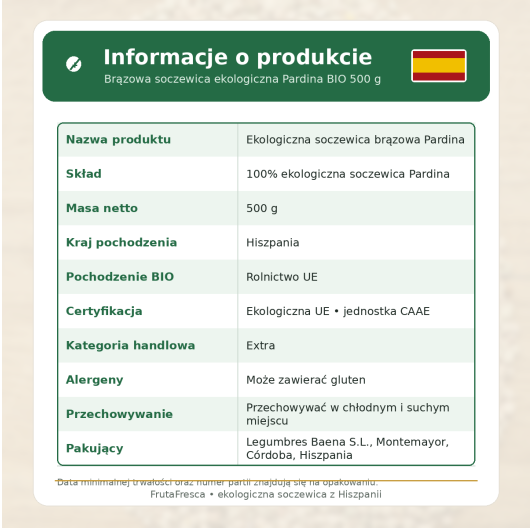 Brązowa soczewica ekologiczna z Hiszpanii Pardina BIO 500 g